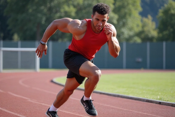 Un atleta che corre su una pista, con muscoli definiti e determinazione, che rappresenta la nutrizione sportiva.