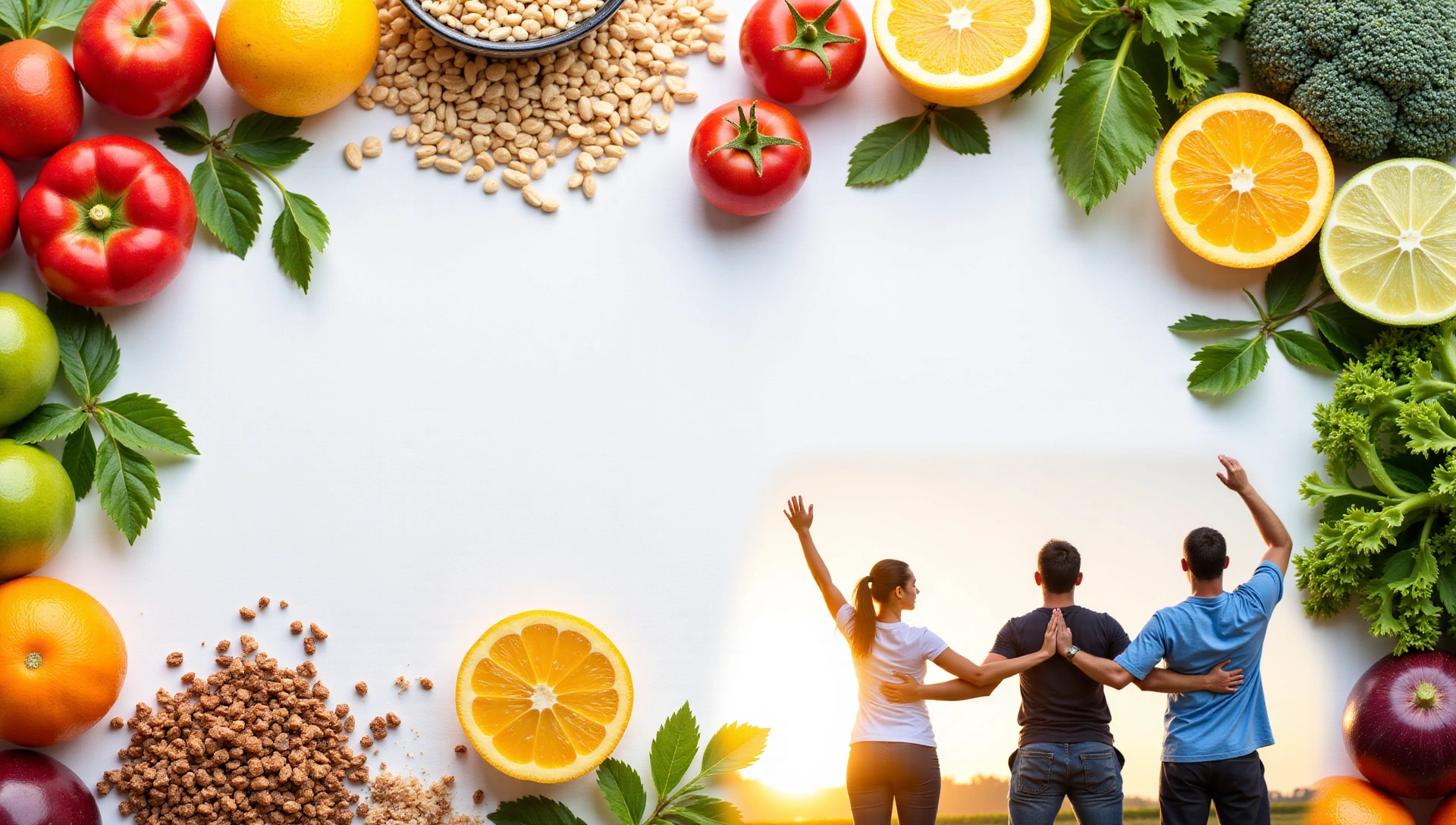 Sfondo di cibi sani e persone felici che godono di uno stile di vita equilibrato