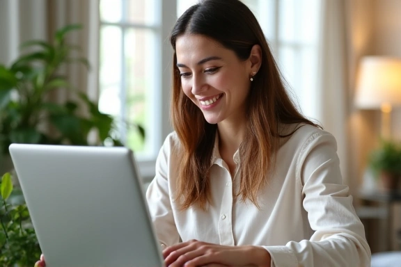 Donna sorridente che lavora al laptop in un ambiente rilassante