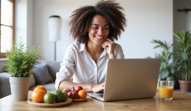 Persona che usa un laptop per una videochiamata con cibo sano accanto