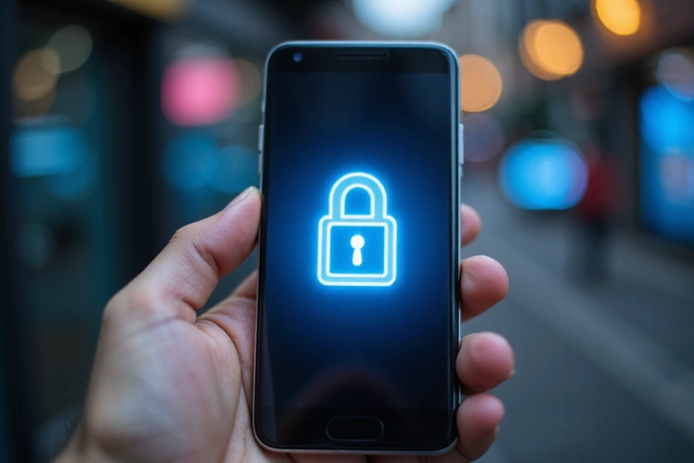 Mano che tiene uno smartphone con un'icona di privacy, simbolo dei diritti dell'utente sui dati